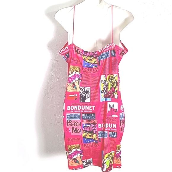Shein Hot Pink Magazine Print Mini Sundress with Tie Spaghetti Straps, Size 1X - Picture 5 of 7